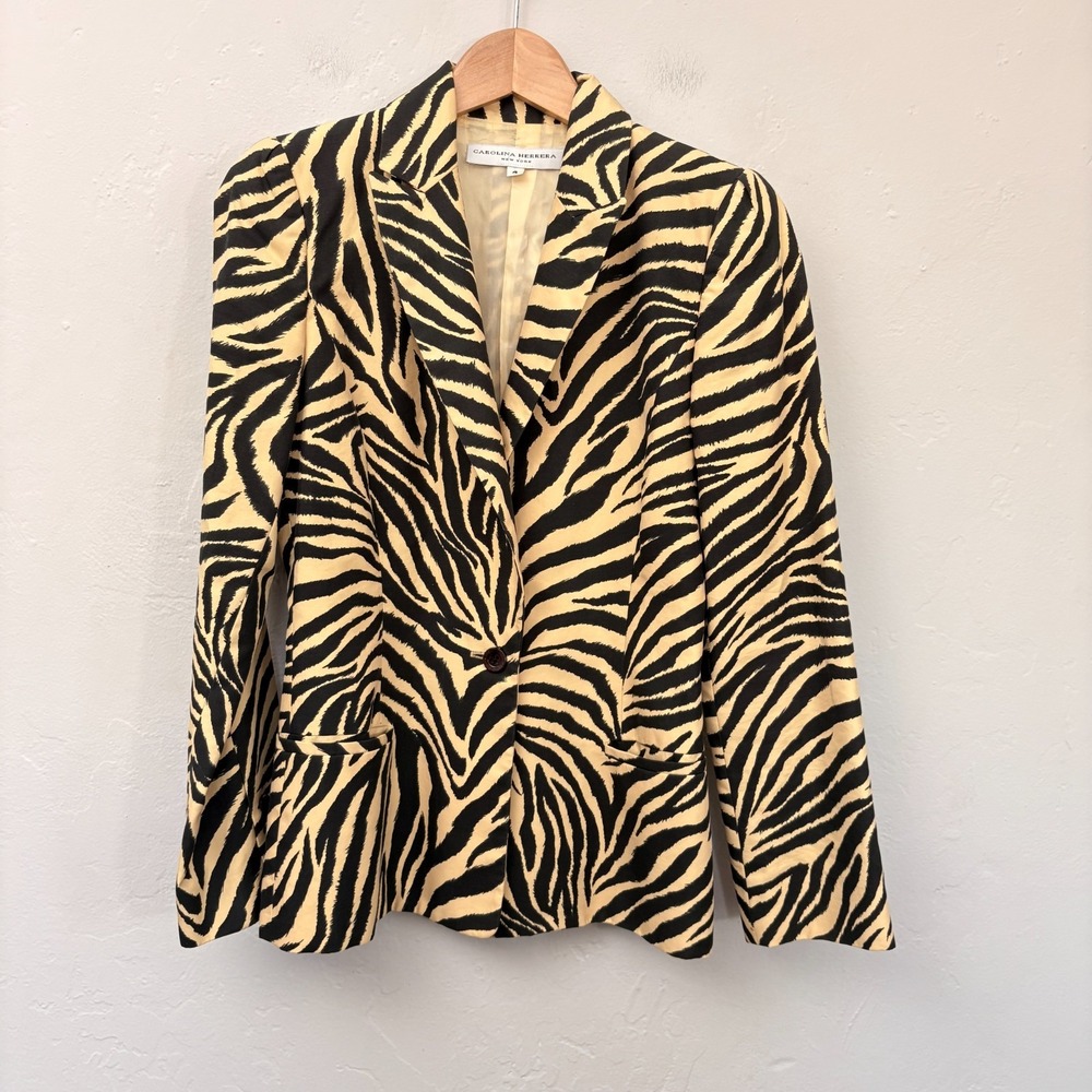 Carolina Herrera Blazer Size 4 Yellow Black Zebra Print One Button Cotton Silk